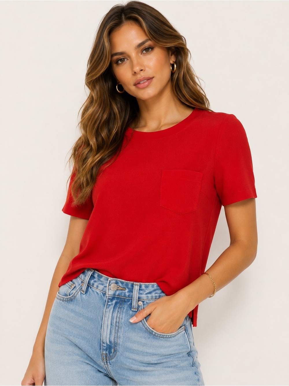 Madewell Bright Red Pocket Tee Blouse XXS Crepe Short Sleeve Split Hem Top